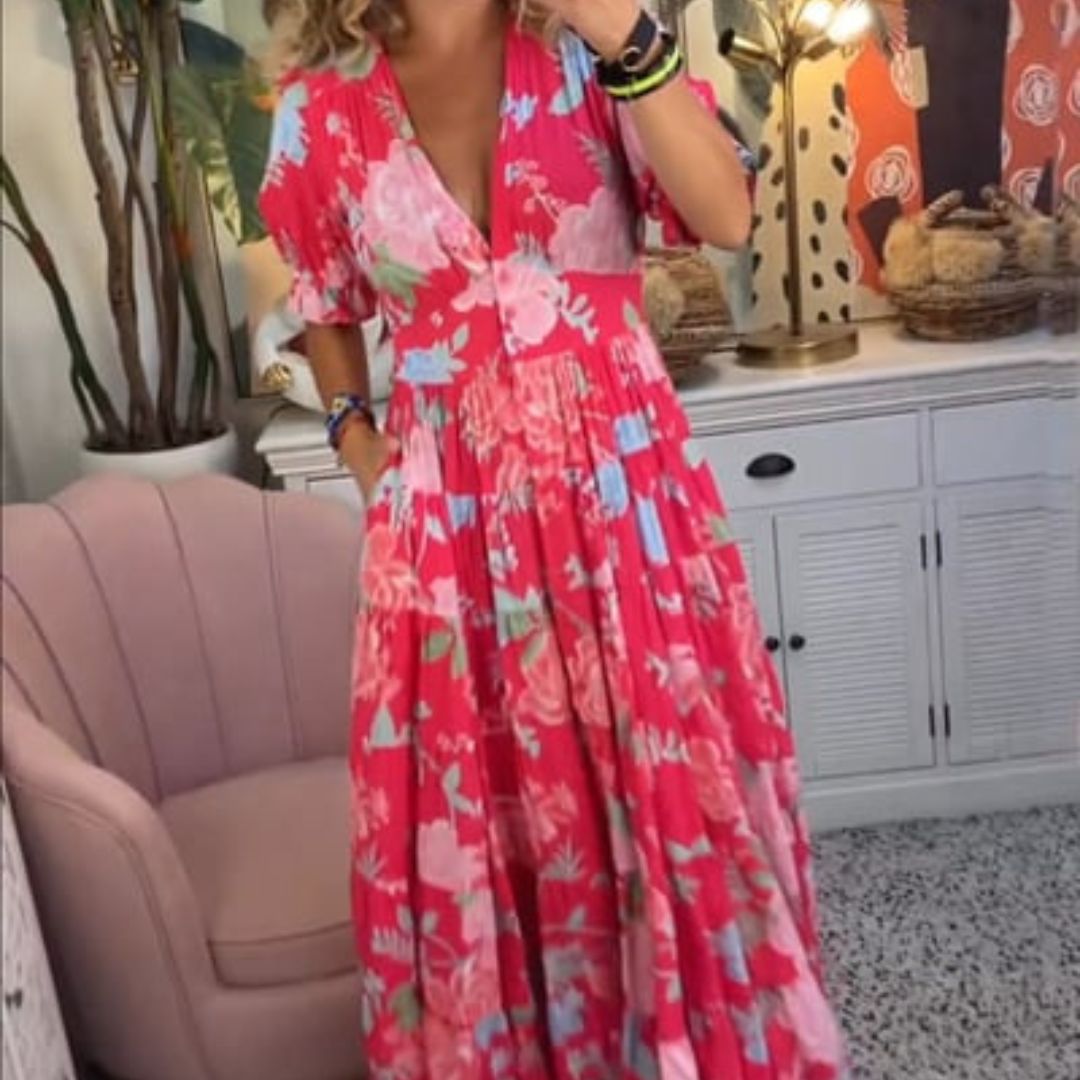 Isabeau™ - Lang Komfortabel Kjole med V-Hals og Lommer